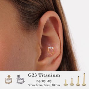 20G/18G/16G Cz Chain Push Pin Labret •  Threadless Flat Back Earring • Tragus Stud • Flat Back Stud • Helix Stud • Cartilage Stud