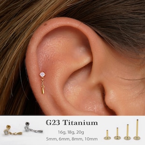 Pendiente de labio con pasador de presión colgante de circonita cúbica de 20 g/18 g/16 g • Pendiente de espárrago plano sin rosca • Pendiente de trago • Pendiente de espárrago plano • Pendiente de hélix • Cartílago • Nariz