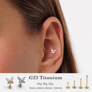 20G/18G/16G Butterfly Push Pin Labret •  Threadless Flat Back Earring • Tragus Stud •Flat Back Stud•Helix Stud •Cartilage Stud •Nose Stud