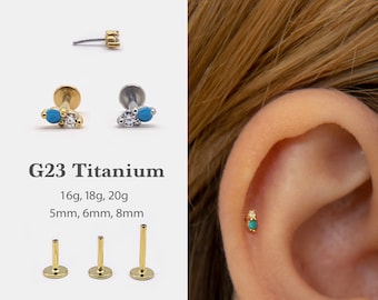 20G/18G/16G winziger Push-Pin-Labret • Türkis • Ohrstecker mit zwei Steinen Flache Rückseite • Tragus Bolzen • Flache Rückseite • Helix Bolzen • Nasenstecker