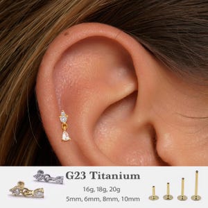 20G/18G/16G Cz Dangle Push Pin Labret •  Threadless Flat Back Earring • Tragus Stud • Flat Back Stud • Helix Stud • Cartilage Stud