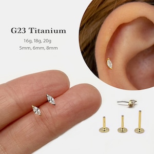 20G/18G/16G Tiny marquise Push Pin Labret •  Threadless Flat Back Earring • Tragus Stud • Flat Back Stud • Helix Stud • Cartilage• Nose