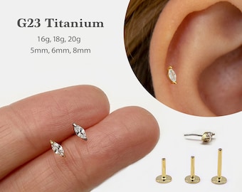 20G/18G/16G Tiny marquise Push Pin Labret •  Threadless Flat Back Earring • Tragus Stud • Flat Back Stud • Helix Stud • Cartilage• Nose