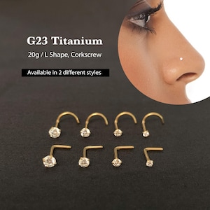 20G 1.5mm~3mm L Shape / Corkscrew Nose Stud • Cz Small Nose Stud, Nose Piercing • Titanium Nose Stud • Tiny Cz Nose Stud