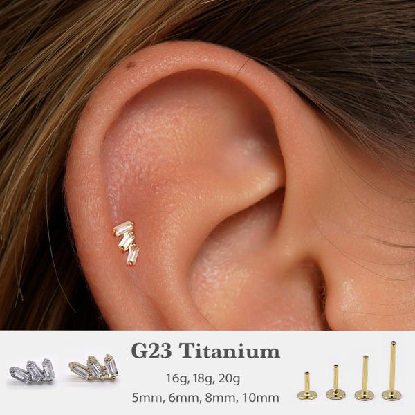 20G/18G/16G  Baguette Push Pin Labret •  Threadless Flat Back Earring • Tragus Stud • Flat Back Stud • Helix Stud • Cartilage Stud