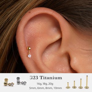 Pendiente de labio con pasador de presión colgante de circonita cúbica de 20 G/18 G/16 G • Pendiente de parte posterior plana sin rosca • Pendiente de trago • Pendiente de parte posterior plana • Pendiente de hélice • Pendiente de cartílago