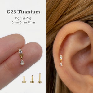 20G/18G/16G New - Cz Dangle Push Pin Labret •  Threadless Flat Back Earring • Tragus Stud • Flat Back Stud • Helix Stud • Cartilage Stud