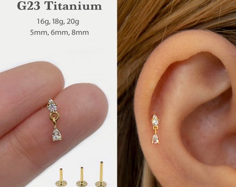 20G/18G/16G New - Cz Dangle Push Pin Labret •  Threadless Flat Back Earring • Tragus Stud • Flat Back Stud • Helix Stud • Cartilage Stud