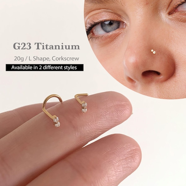 20G Two Stone L Shape / Corkscrew Nose Stud • Cz Small Nose Stud, Nose Piercing • Titanium Nose Stud • Tiny Cz Nose Stud