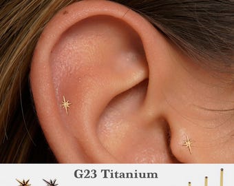 Labret con pasador de presión Starburst de 20G/18G/16G • Pendiente de espalda plana sin rosca • Perno para trago • Perno de espalda plana • Perno para hélix