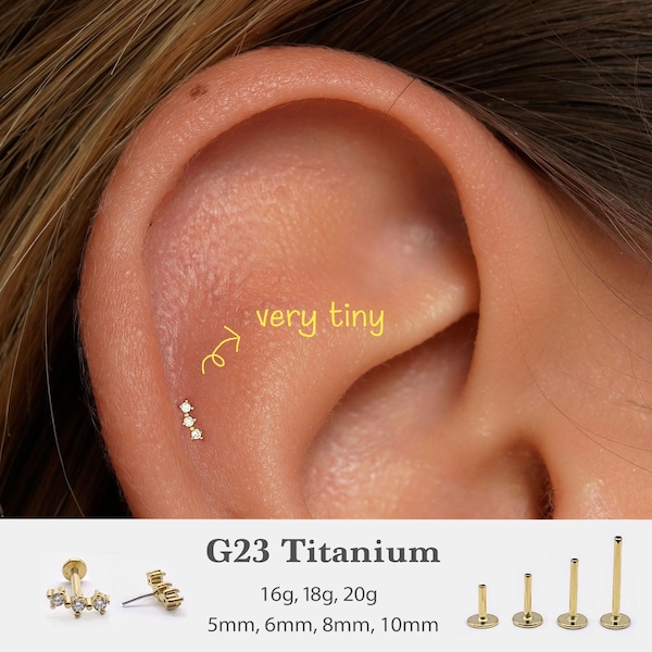 20G/18G/16G Tiny Three Cz Push Pin Labret •  Threadless Flat Back Earring • Tragus Stud • Flat Back Stud • Helix Stud • Cartilage Stud