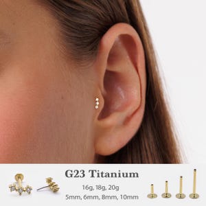 20G/18G/16G Three Cz Push Pin Labret •  Threadless Flat Back Earring • Tragus Stud • Flat Back Stud • Helix Stud • Cartilage Stud RR