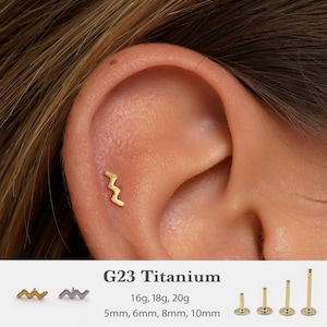 20G/18G/16G  Wave Push Pin Labret • Threadless Flat Back Earring • Tragus Stud • Flat Back Stud • Helix Stud