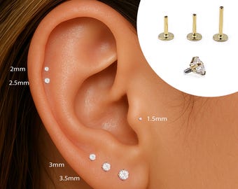 Labret filettato internamente 18G/16G da 1,5 mm~4 mm • Orecchino a fondo piatto • Perno trago • Perno elica • Perno zircone • Perno cartilagine • Perno naso