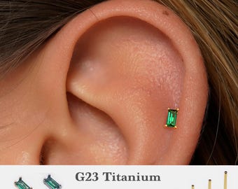 20G/18G/16G Emerald Baguette Push Pin Labret • Threadless Flat Back Earring • Tragus Stud • Flat Back Stud • Helix Stud •Cartilage Nose Stud