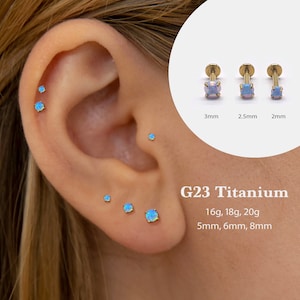 20G/18G/16G Blue Opal Push Pin Labret •  Threadless Flat Back Earring •Tragus Stud•Flat Back Stud • Helix Stud •Cartilage Stud •Nose Stud ff