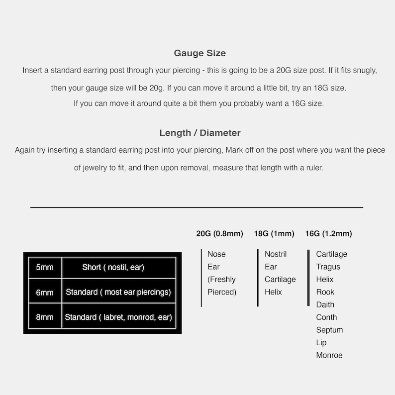 May include: A chart showing different gauge sizes for body piercings, with the corresponding measurements in millimeters. The chart also lists common piercing locations, such as nose, ear, and cartilage.