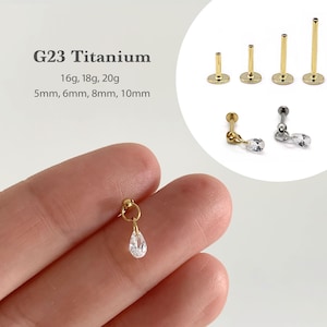 Labret con pasador colgante en forma de pera de 20G/18G/16G • Pendiente sin rosca con parte trasera plana • Perno para trago • Perno con parte trasera plana • Perno para hélix • Cartílago • Nariz