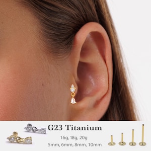 Labret à épingles pendantes 20G/18G/16G Cz • Boucle d'oreille sans filetage à dos plat • Clou tragus • Clou à l'arrière plat • Clou hélicoïdal • Clou pour cartilage RR