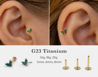 20G/18G/16G Emerald Leaf Studs Push Pin Labret •  Threadless Flat Back Earring • Tragus Stud • Flat Back Stud • Helix Stud •  Nose Stud