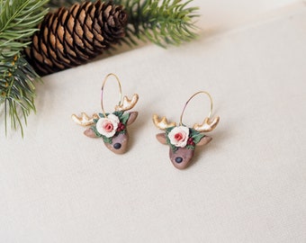 reindeer winter earrings, Christmas holiday hoops, floral woodland animal, handmade polymer clay earrings, nickel free hypoallergenic