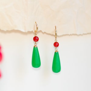 Howl Pendragon earrings, natural green jade and carnelian beads with 18k gold plated stainless steel, anime cosplay