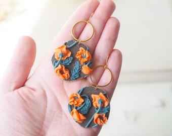 Poppy earrings, floral autumn earrings, statement earrings, handmade, cottagecore, polymer clay earrings