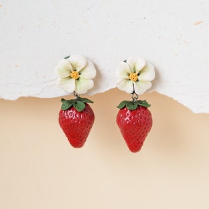 realistic strawberry earrings with flower stud, miniature food, fruit earrings, polymer clay art, handmade image 4