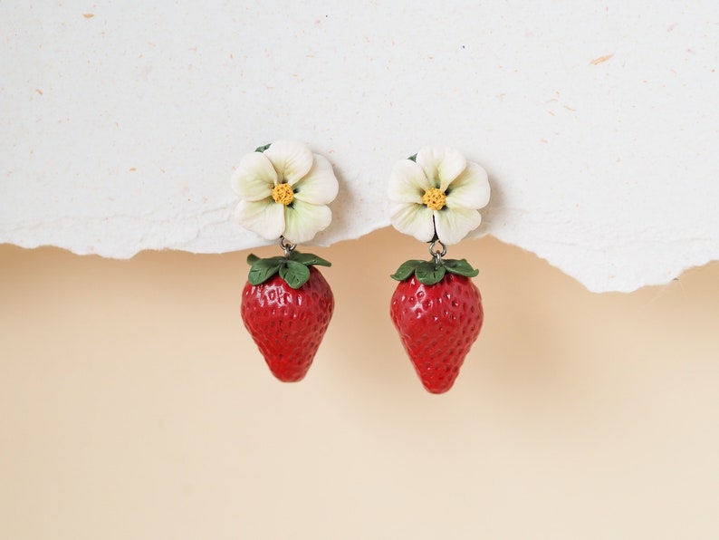 realistic strawberry earrings with flower stud, miniature food, fruit earrings, polymer clay art, handmade image 4