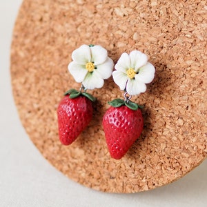 realistic strawberry earrings with flower stud, miniature food, fruit earrings, polymer clay art, handmade image 5