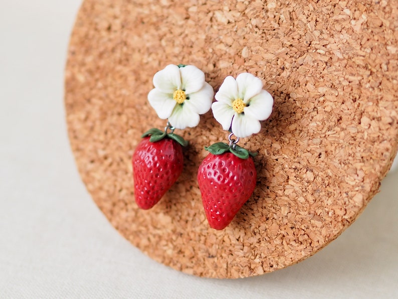 realistic strawberry earrings with flower stud, miniature food, fruit earrings, polymer clay art, handmade image 5