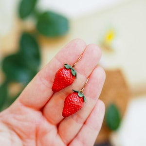 realistic strawberry earrings with flower stud, miniature food, fruit earrings, polymer clay art, handmade image 3