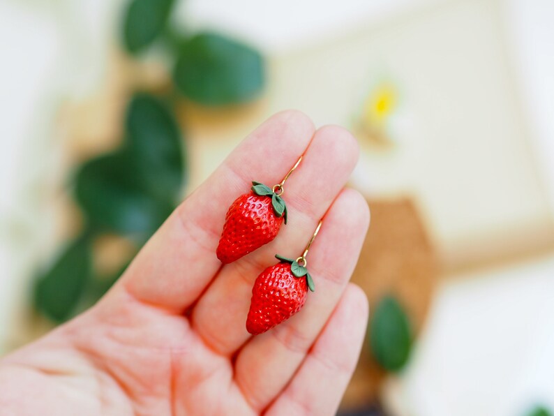 realistic strawberry earrings with flower stud, miniature food, fruit earrings, polymer clay art, handmade image 3