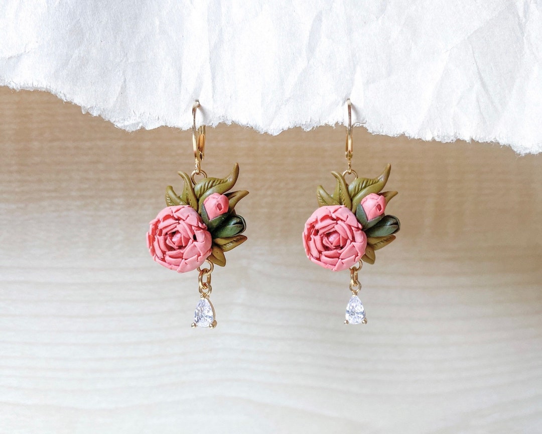 Flower Bouquet Earrings Crystal Drop Dangles Peony Jewelry Etsy