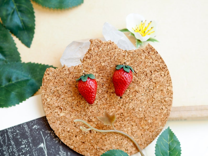 realistic strawberry earrings with flower stud, miniature food, fruit earrings, polymer clay art, handmade image 9