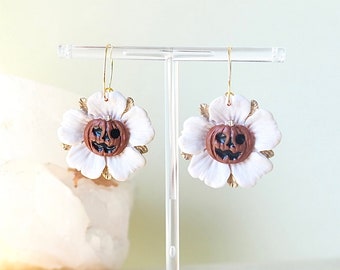 jack o lantern daisy earrings, floral Halloween earrings, polymer clay autumn earrings, handmade jewelry, gift for her