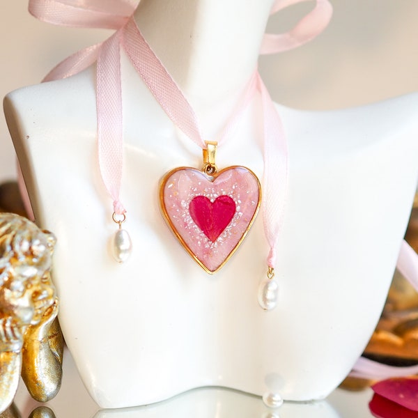 Coquette Pink Rose heart pendant, satin ribbon bow tie necklace with freshwater pearls, handmade valentines jewelry