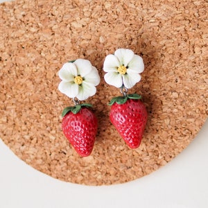 realistic strawberry earrings with flower stud, miniature food, fruit earrings, polymer clay art, handmade image 8