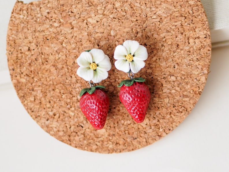 realistic strawberry earrings with flower stud, miniature food, fruit earrings, polymer clay art, handmade image 8