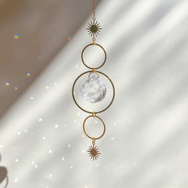 crystal suncatcher with sun and stars, Feng Shui ornament, celestial window hanging, window prism rainbow maker