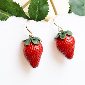 realistic strawberry earrings with flower stud, miniature food, fruit earrings, polymer clay art, handmade