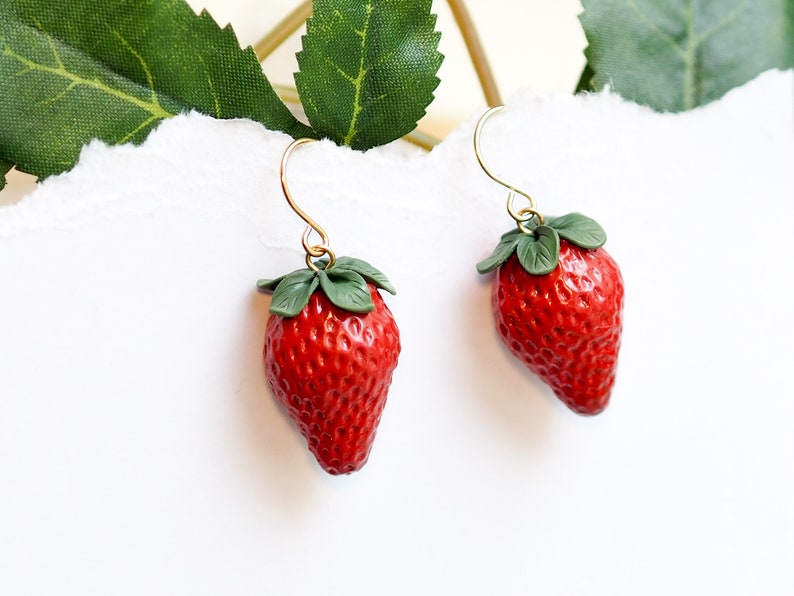 realistic strawberry earrings with flower stud, miniature food, fruit earrings, polymer clay art, handmade image 1