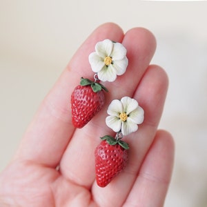 realistic strawberry earrings with flower stud, miniature food, fruit earrings, polymer clay art, handmade image 6