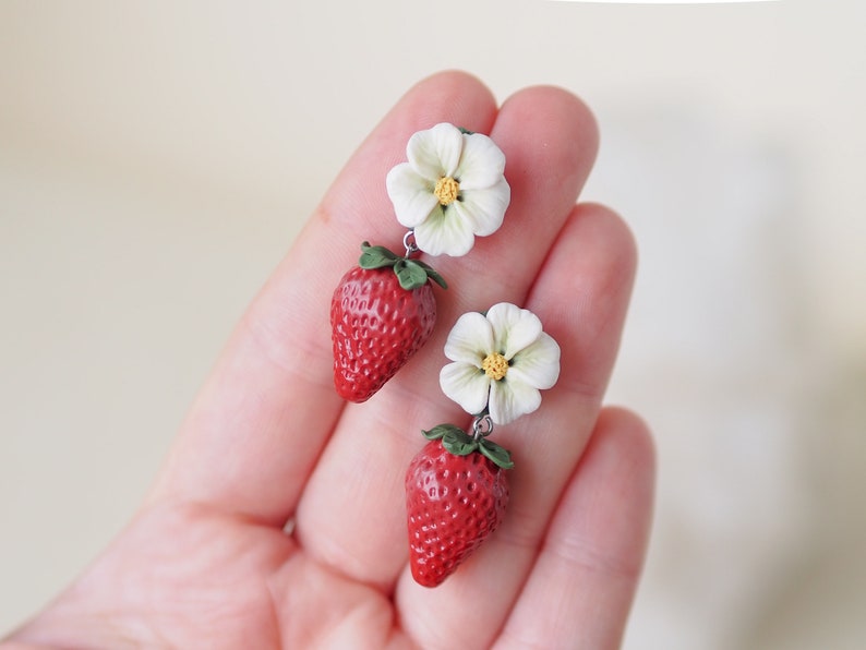 realistic strawberry earrings with flower stud, miniature food, fruit earrings, polymer clay art, handmade image 6