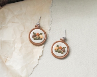 embroidery hoop earrings l mushroom earrings l goblincore jewelry l polymer clay earrings