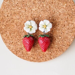 realistic strawberry earrings with flower stud, miniature food, fruit earrings, polymer clay art, handmade image 2