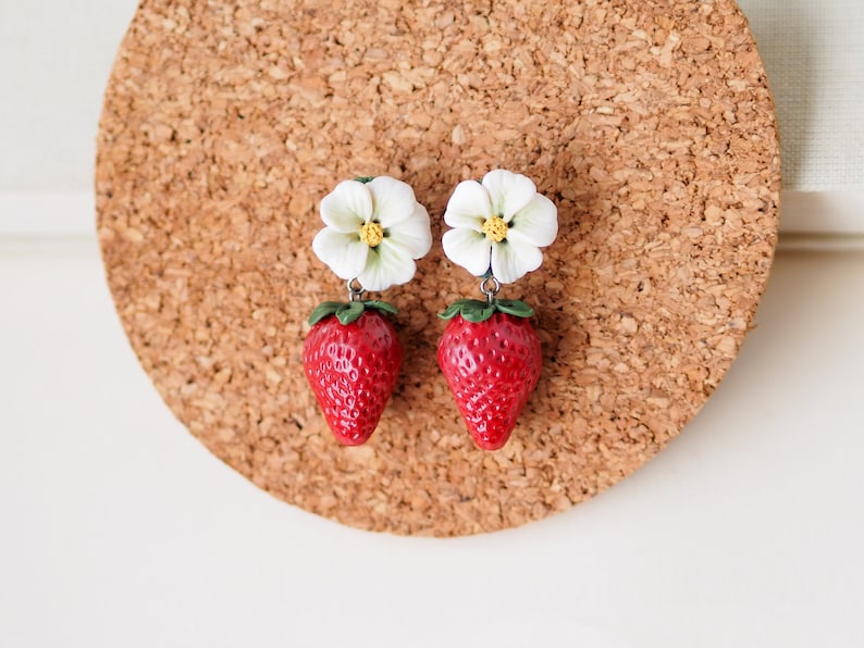 realistic strawberry earrings with flower stud, miniature food, fruit earrings, polymer clay art, handmade image 2