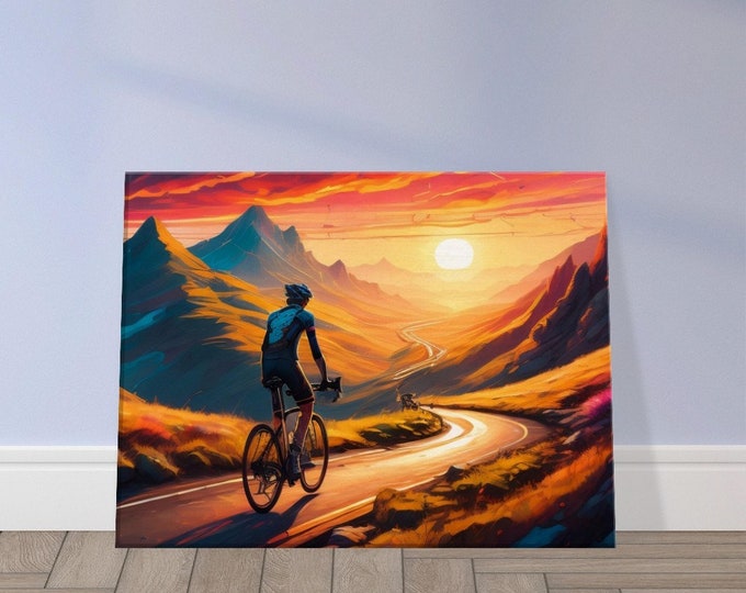 Dramatic Cyclist Canvas - Art Print, Cycling, Sports, Adventure, Outdoors, Mountains, Sunset