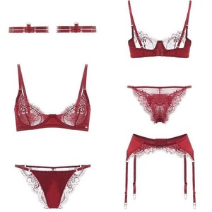Coral Red Bralette and French Knickers Set ,see Through Lace Lingerie Set  by Fidditch -  Hong Kong
