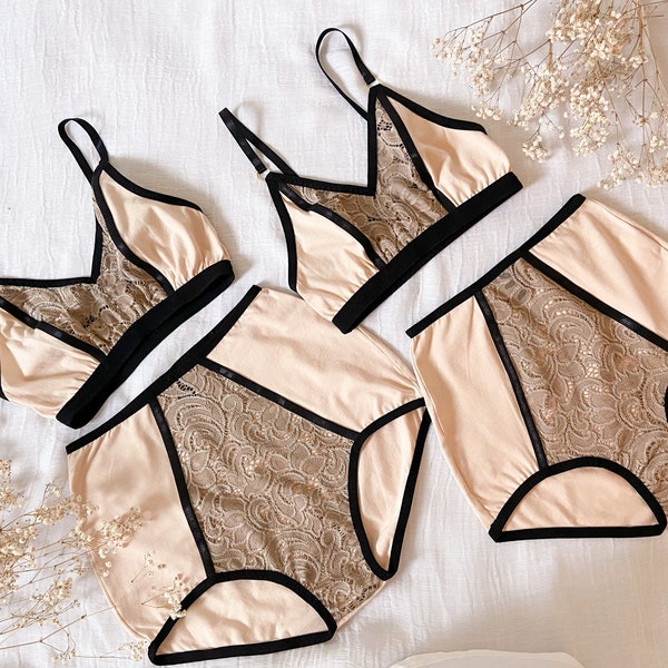 M- L Größe DAPHNE BEIGE Dessous Set / Pin Up Stil Dessous Retro Bralette / High Waist Schlüpfer Soft Cup BH bequeme Dessous